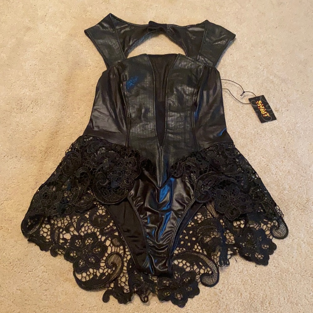 NWT Spirit Halloween Black Faux Leather and Lace Bodysuit - Adult Small